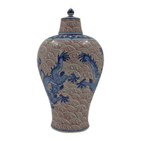 Singular Chinese blue dragon lidded vase, side view.