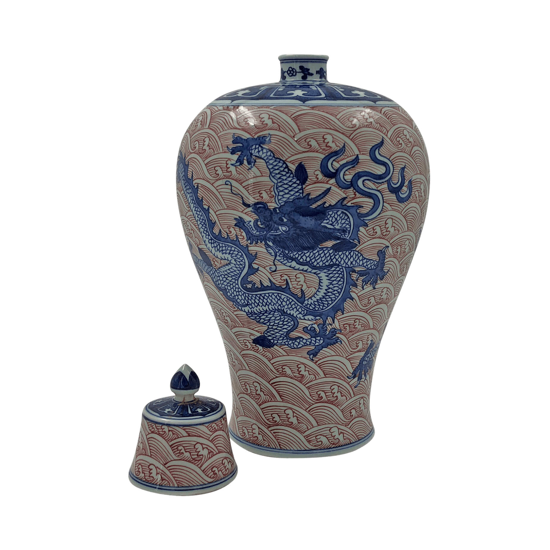 Chinese blue dragon vase with lid off, front view.