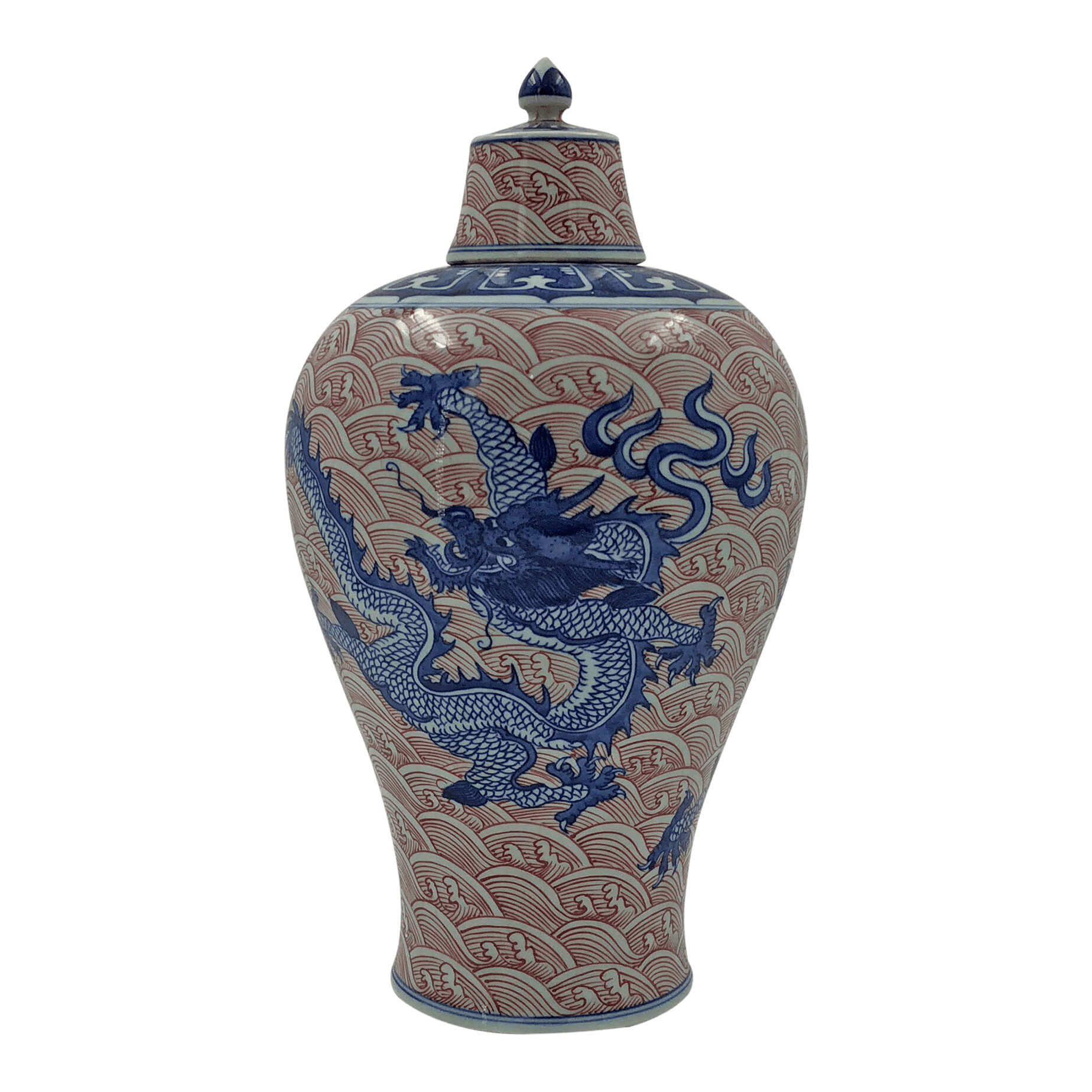 Singular Chinese blue dragon lidded vase, alternate side.