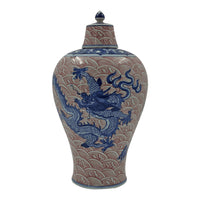 Singular Chinese blue dragon lidded vase, alternate side.