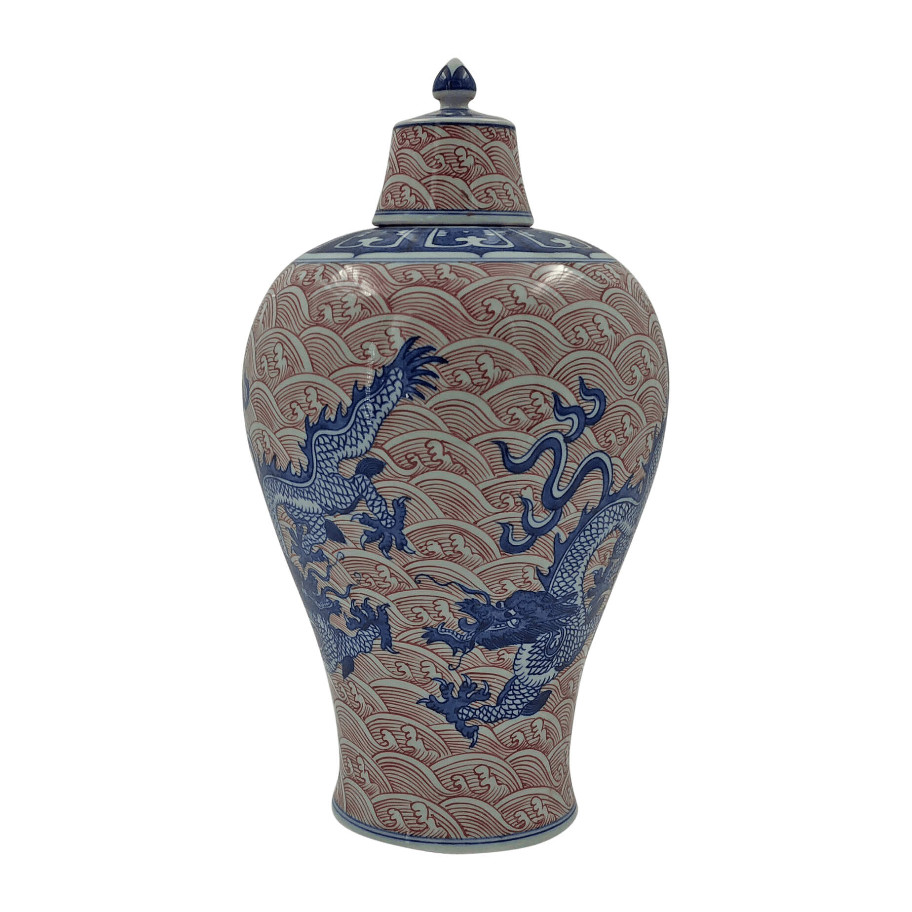 Chinese blue dragon lidded vase, another side perspective.