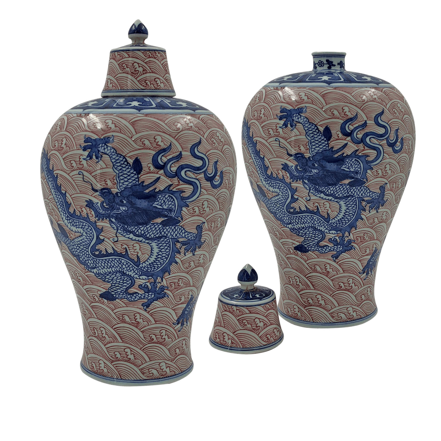 Pair of Chinese blue dragon lidded vases set.