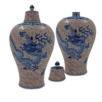 Pair of Chinese blue dragon lidded vases set.