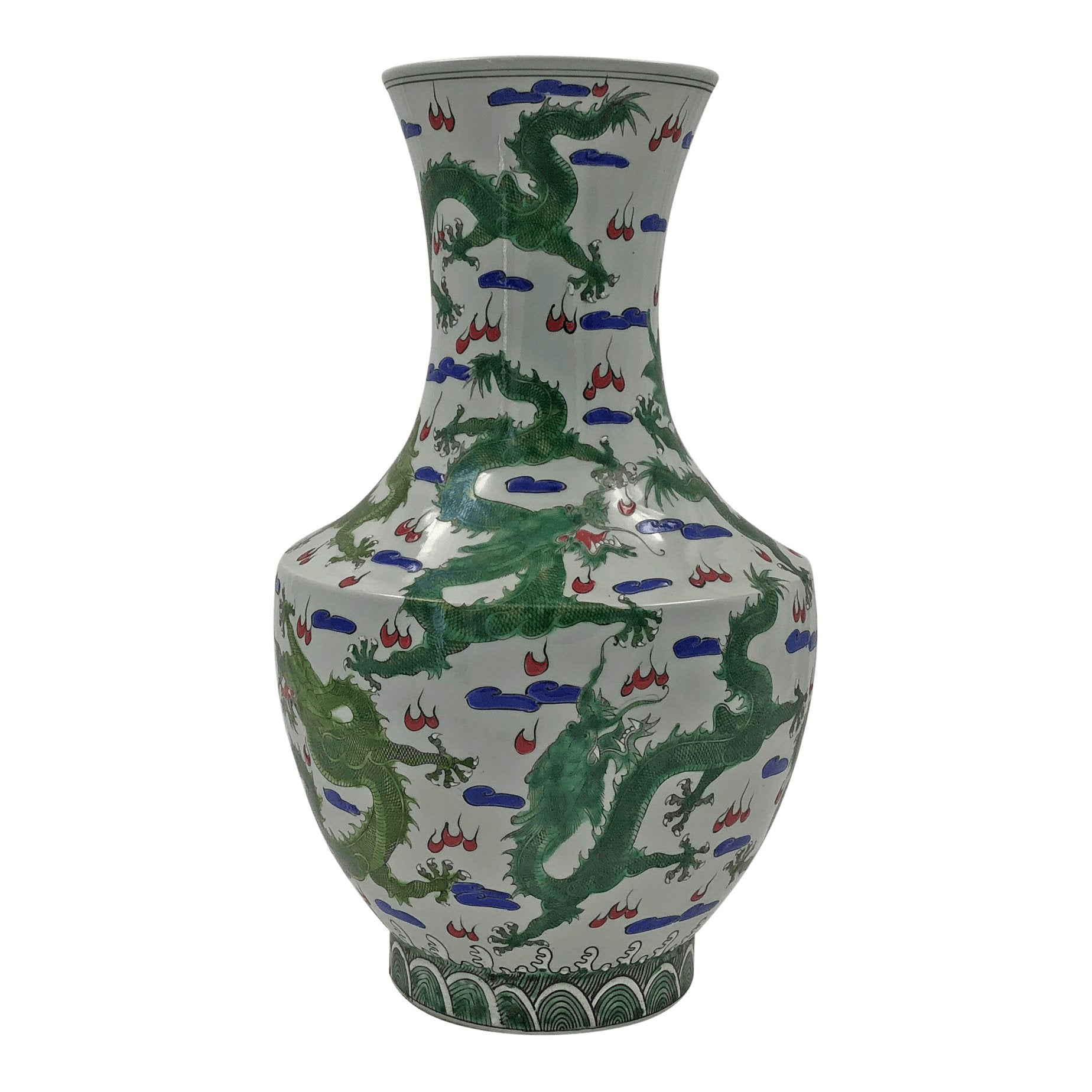 Single green dragon vase, side profile.