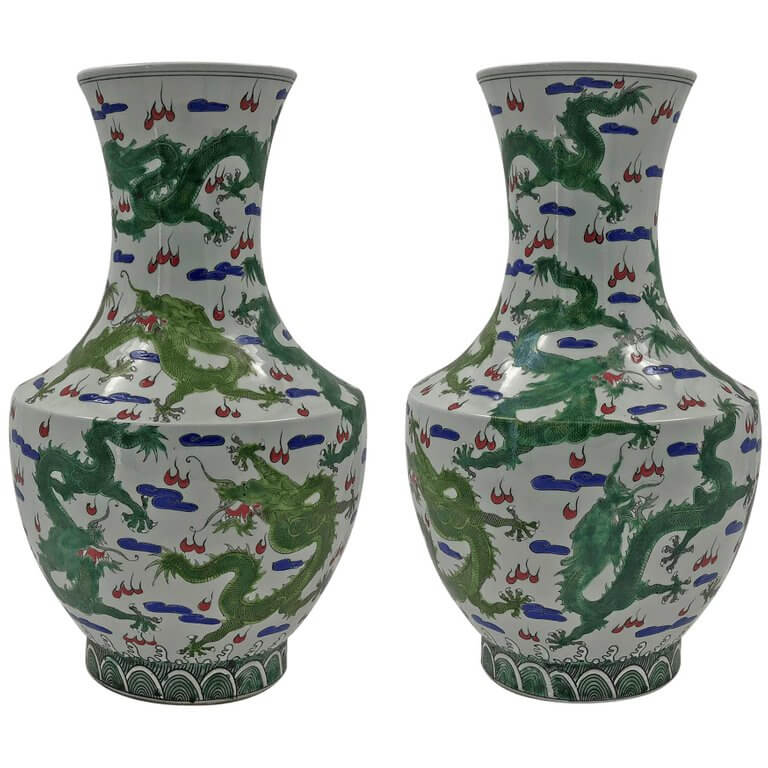 Pair of Chinese green dragon vases, front view.