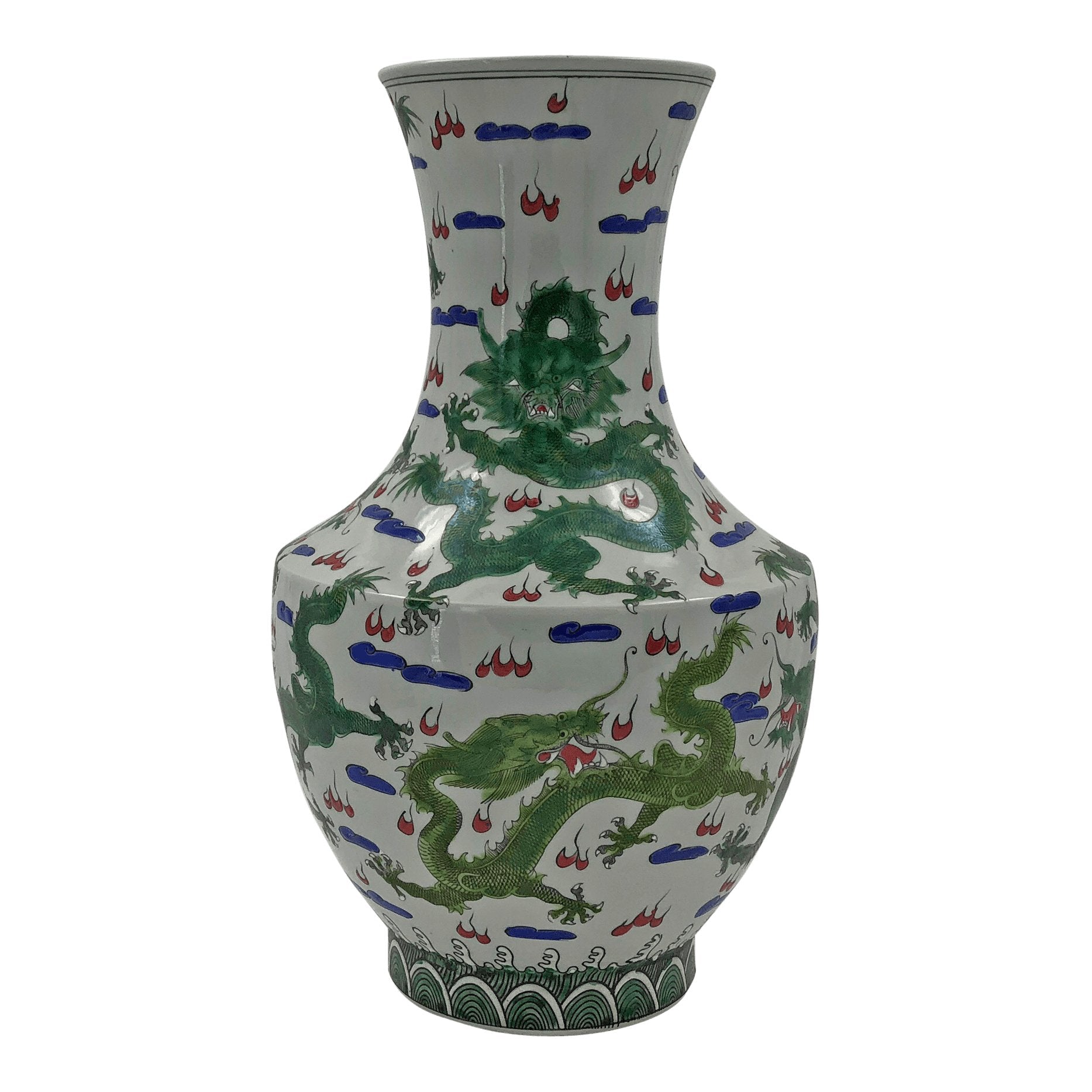 Single green dragon vase, detailed view.