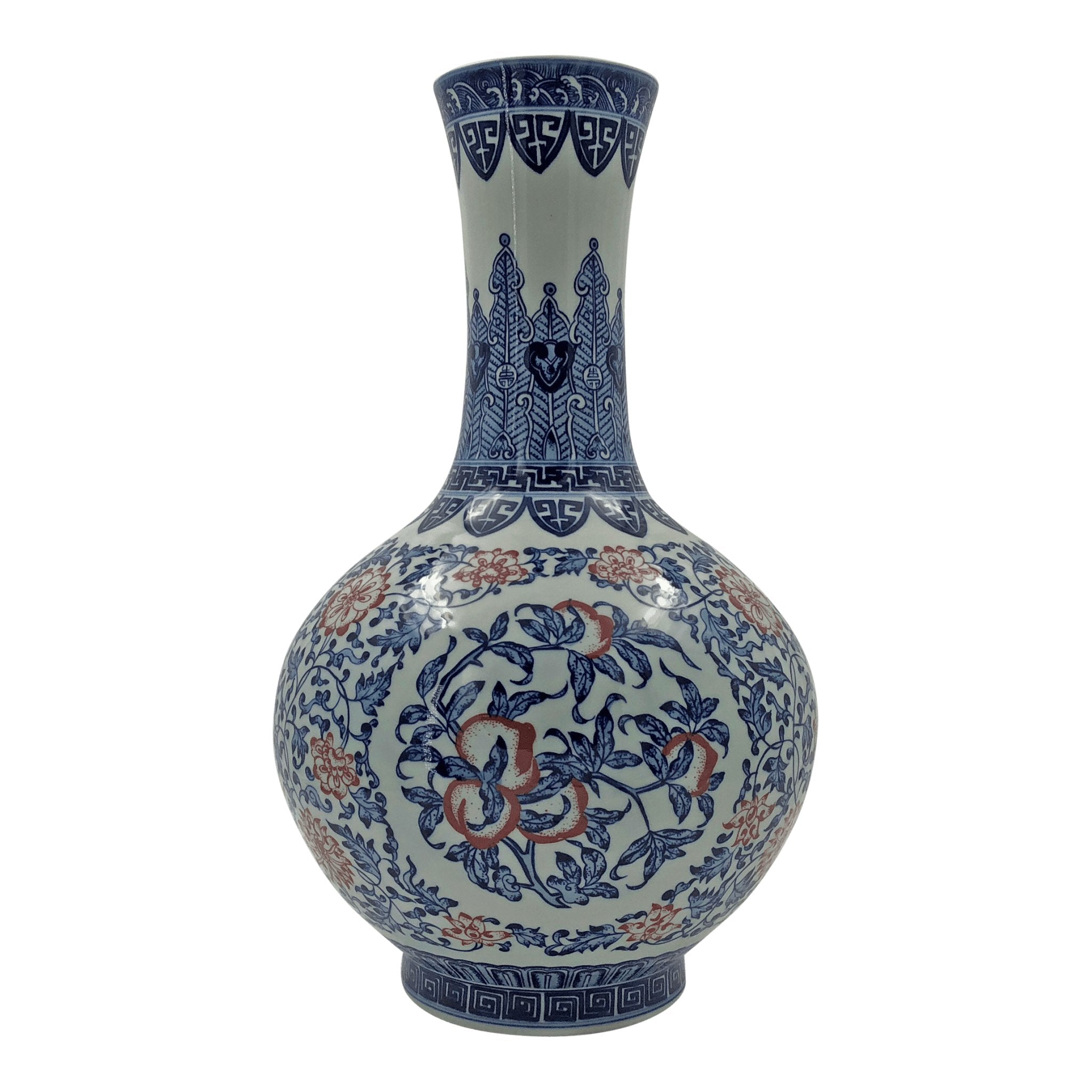 Single Chinese porcelain vase, floral motif back view.