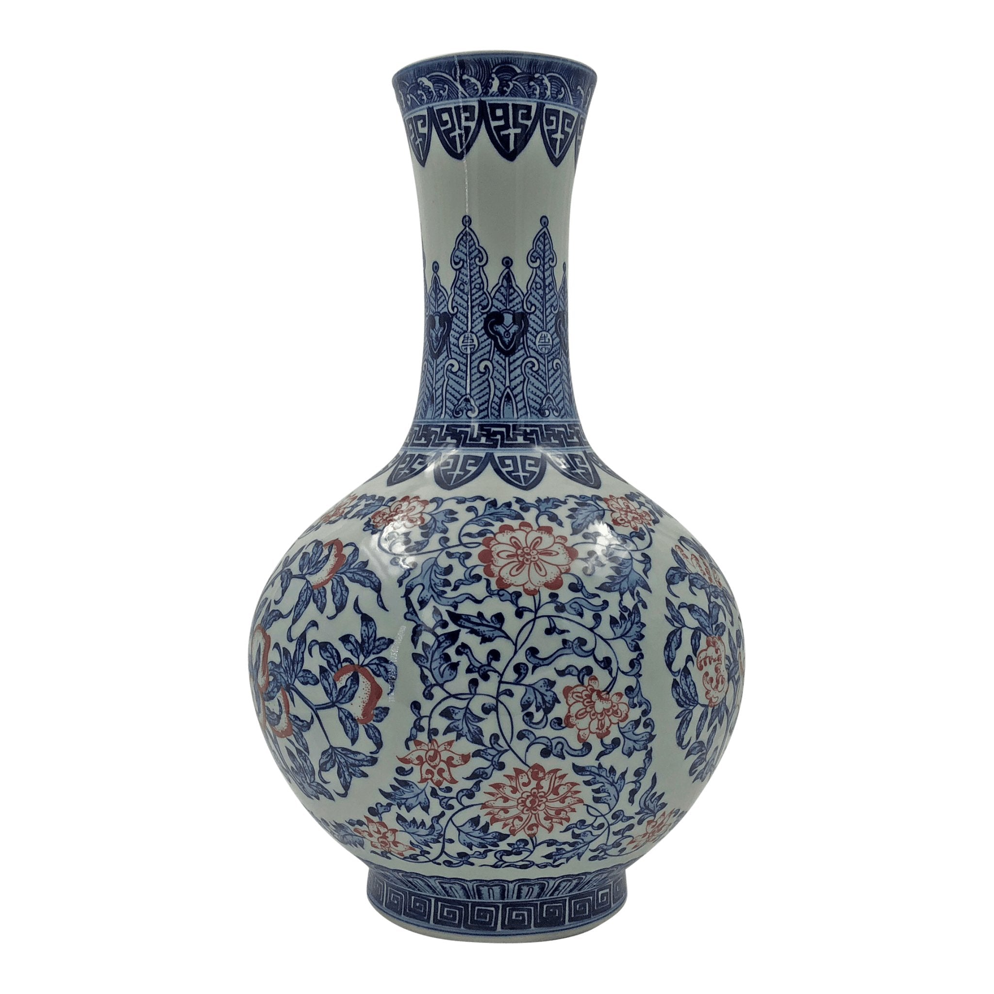 Single Chinese porcelain vase, intricate floral side view.