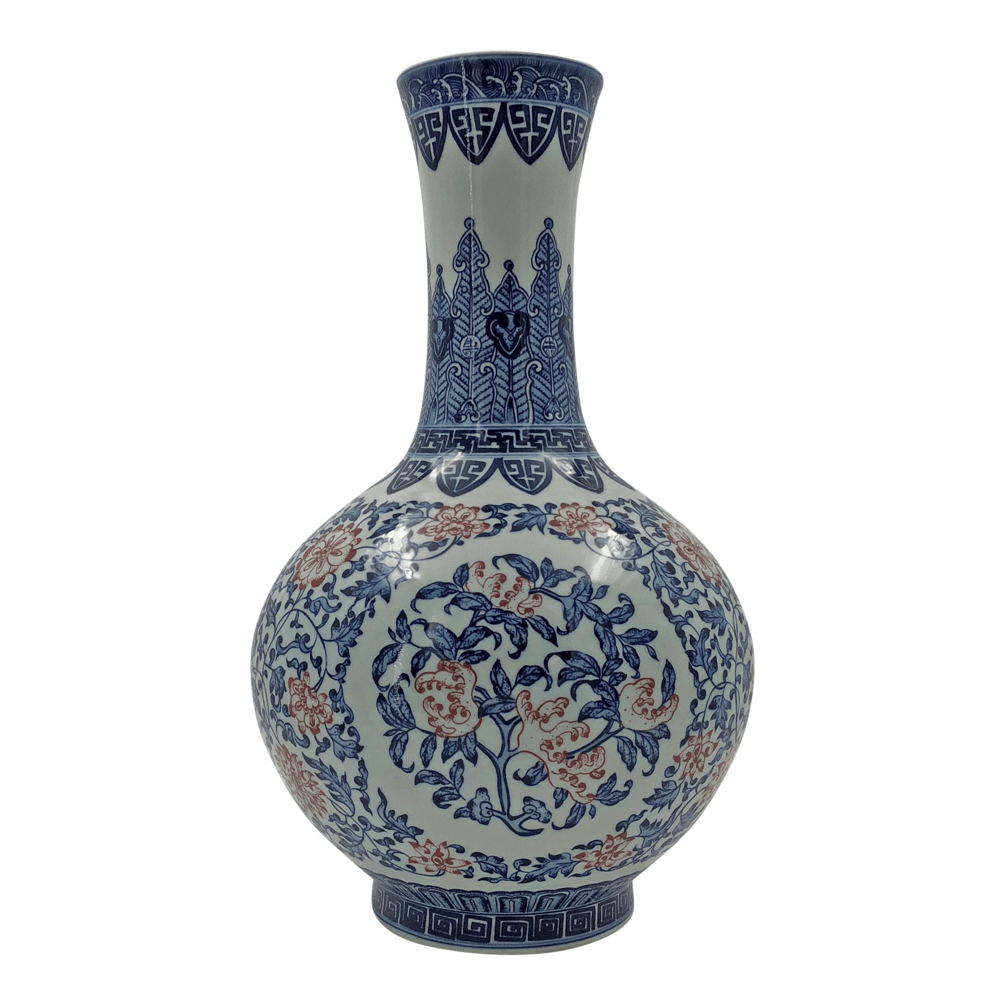 Single Chinese porcelain vase, floral design front view.