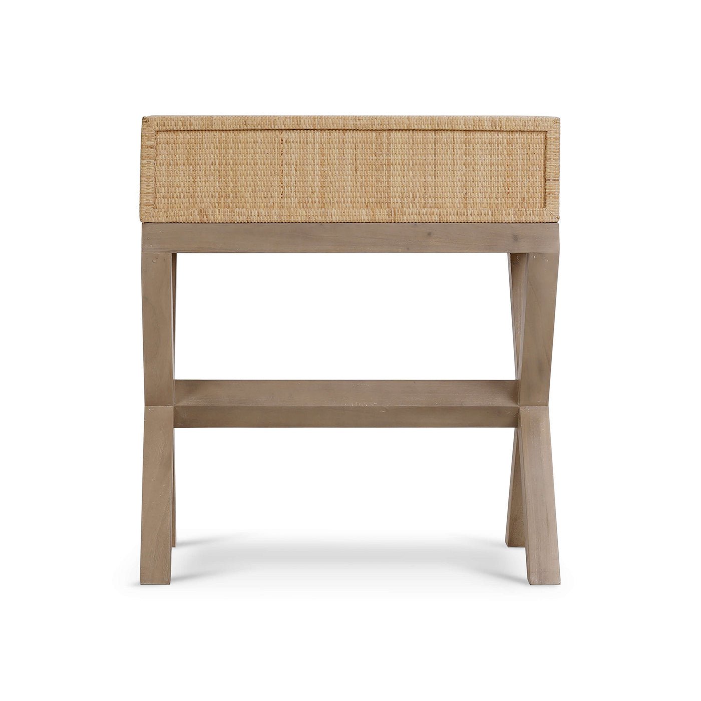 Back view of a rattan nightstand, leg detail.