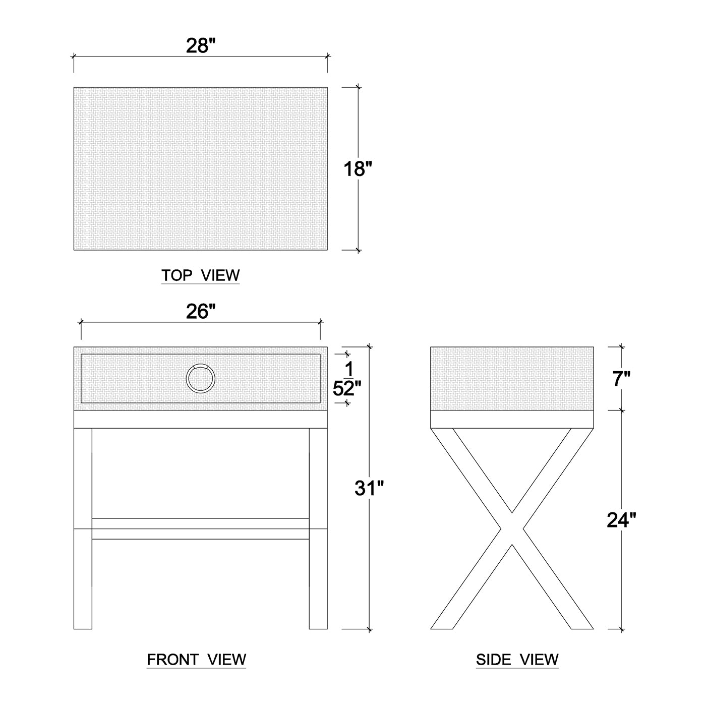 Nightstand dimensions illustration, top, front, side views.