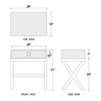 Nightstand dimensions illustration, top, front, side views.