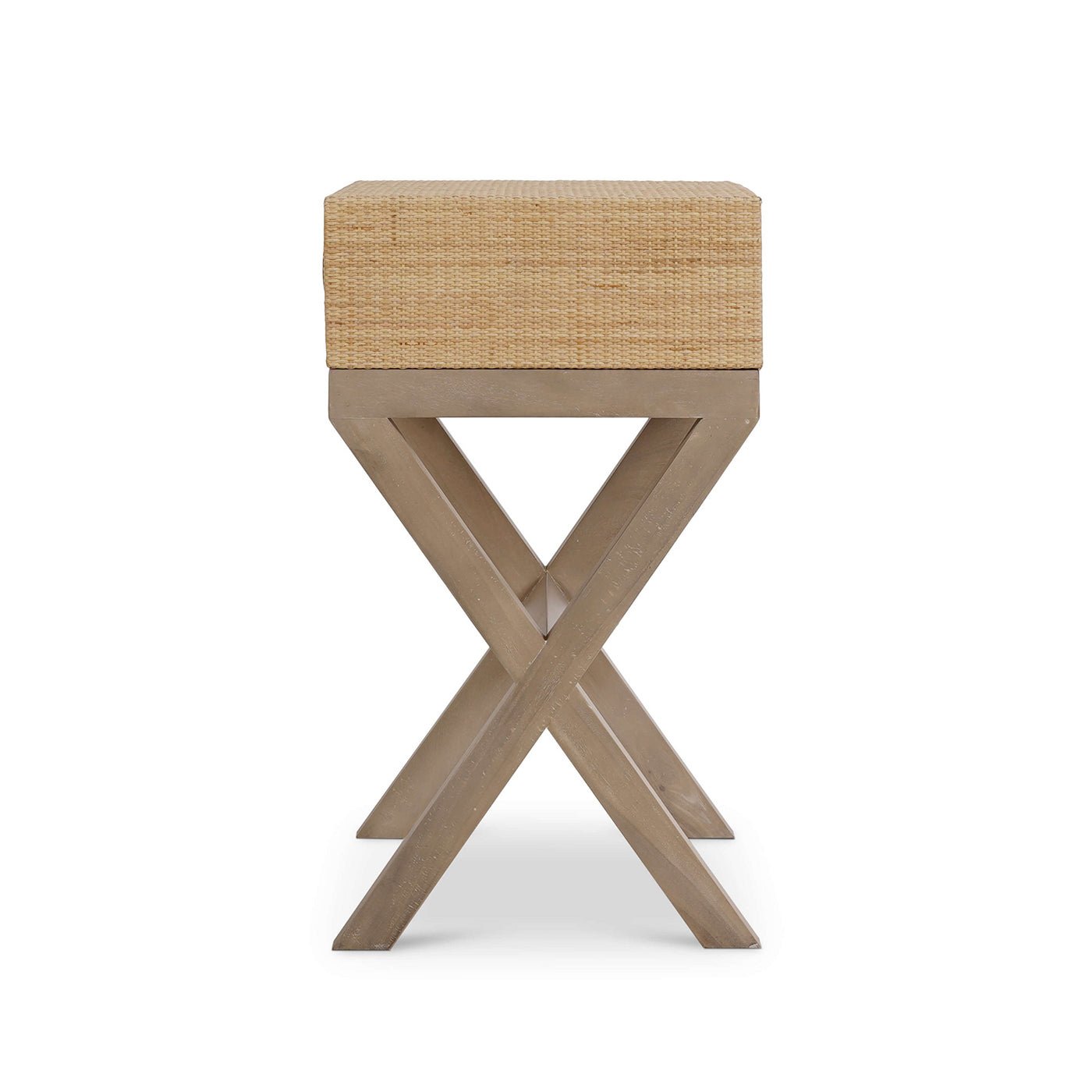 Rattan nightstand side view, crisscrossed legs.