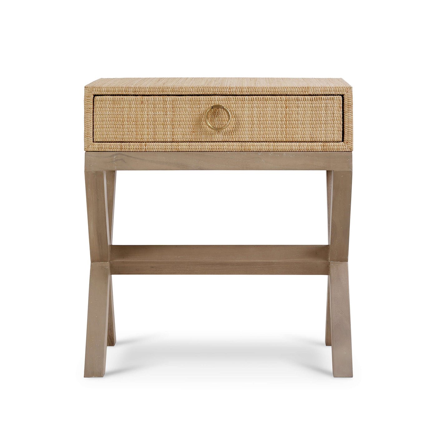 Rattan nightstand front view, drawer visible.