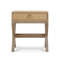 Rattan nightstand front view, drawer visible.