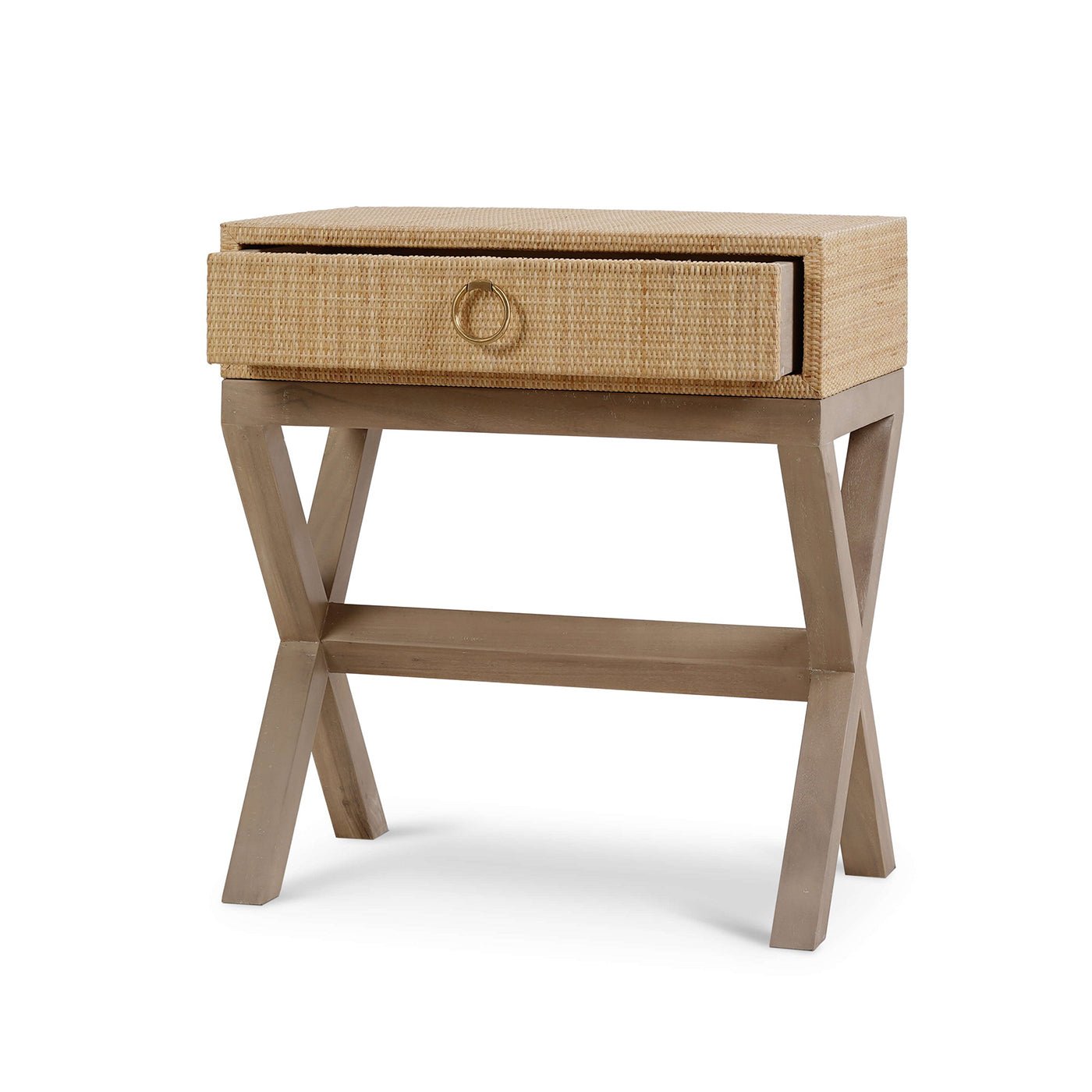 Single rattan nightstand front and side view.