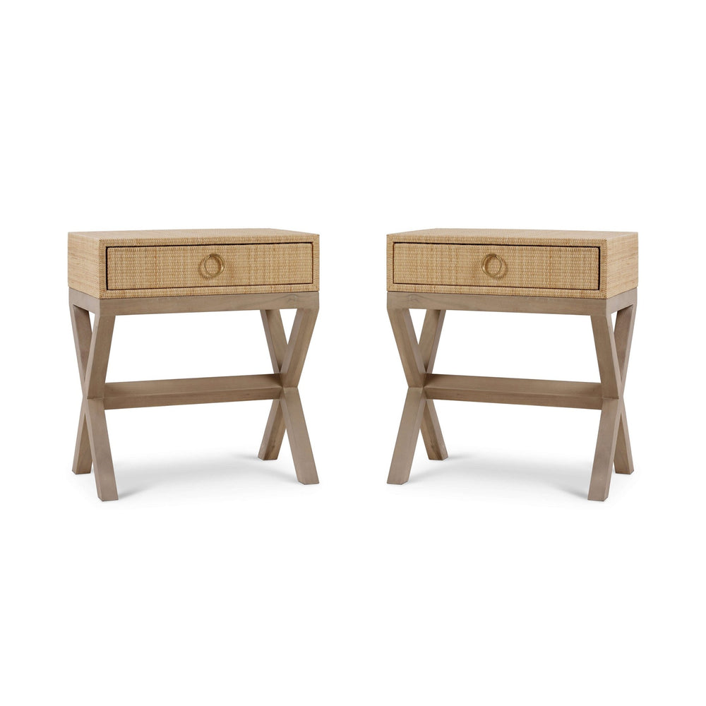 Pair of rattan nightstands front view, angled orientation.