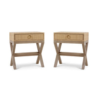 Pair of rattan nightstands front view, angled orientation.