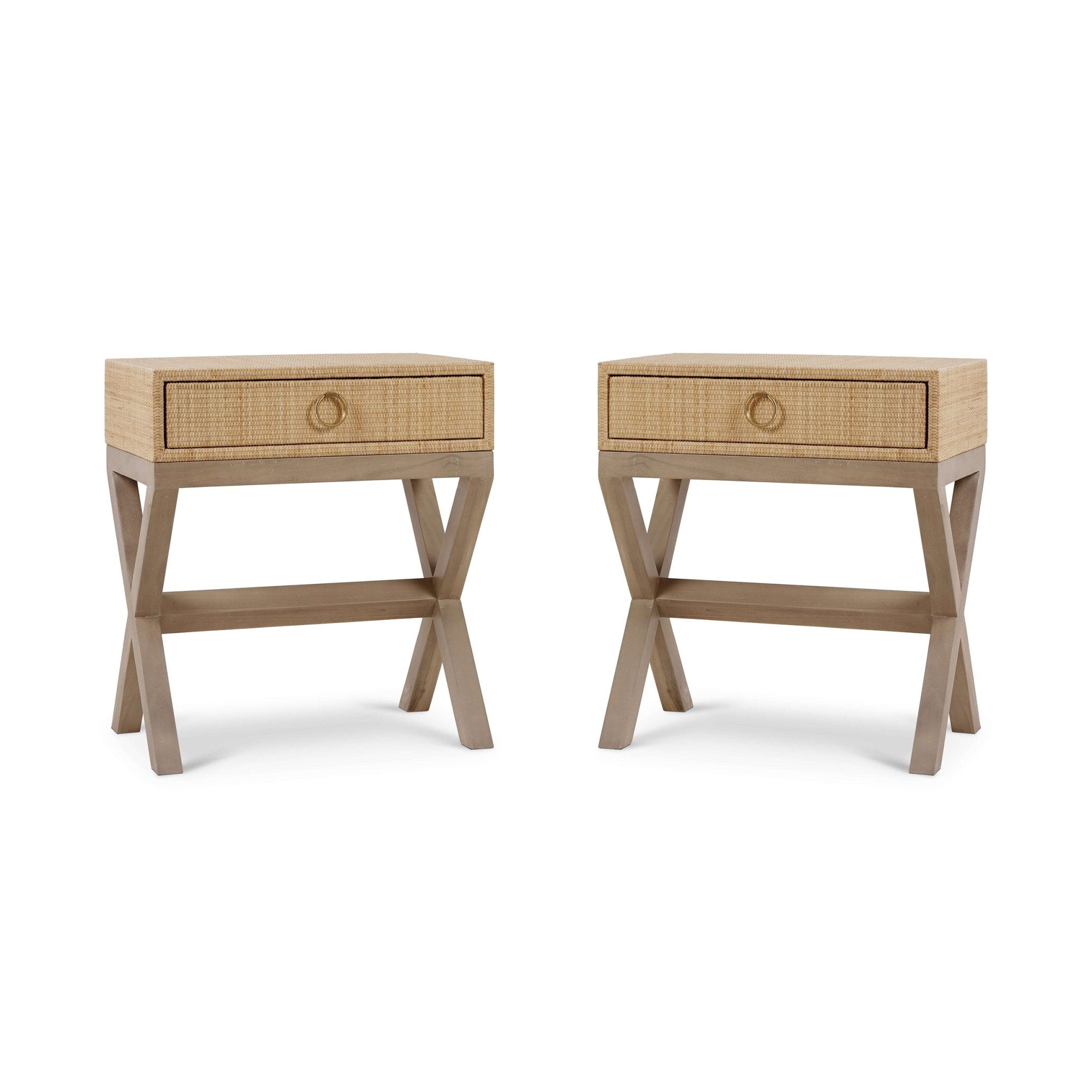 Pair of rattan nightstands front view, angled orientation.