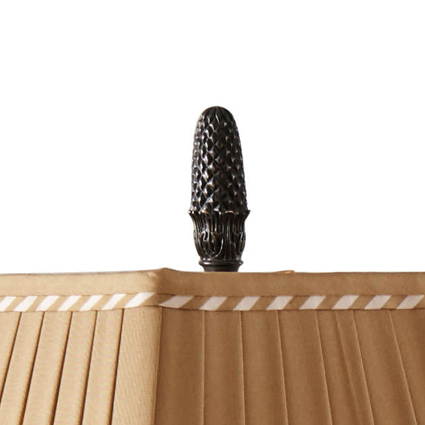 Close-up of lamp finial on table lamp shade.