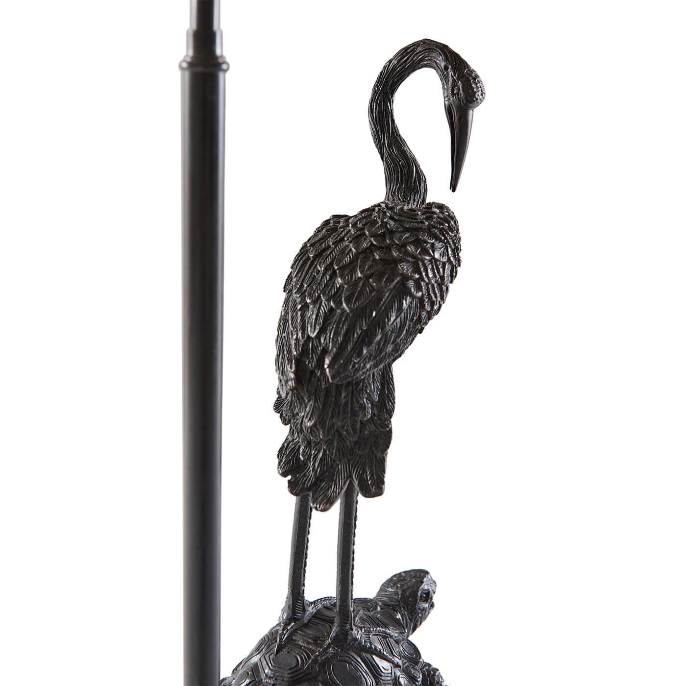 Detailed view of crane sculpture table lamp.