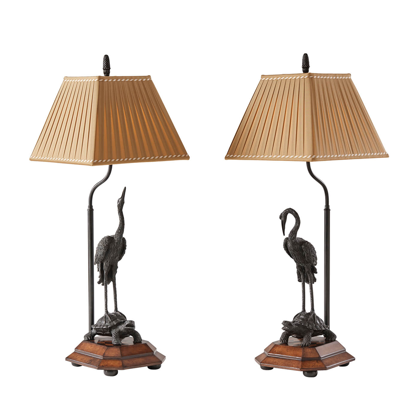 Pair of crane form table lamps front view.