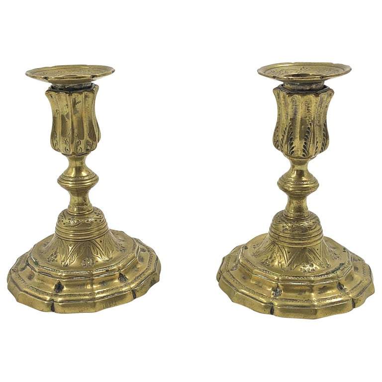 Vintage French brass candlesticks, side view pair.