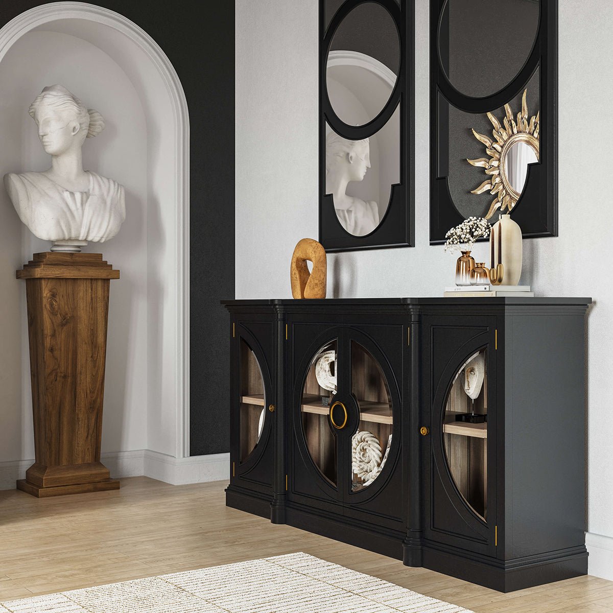 Art Deco mirrors with statues and black cabinet display.