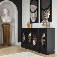 Art Deco mirrors with statues and black cabinet display.