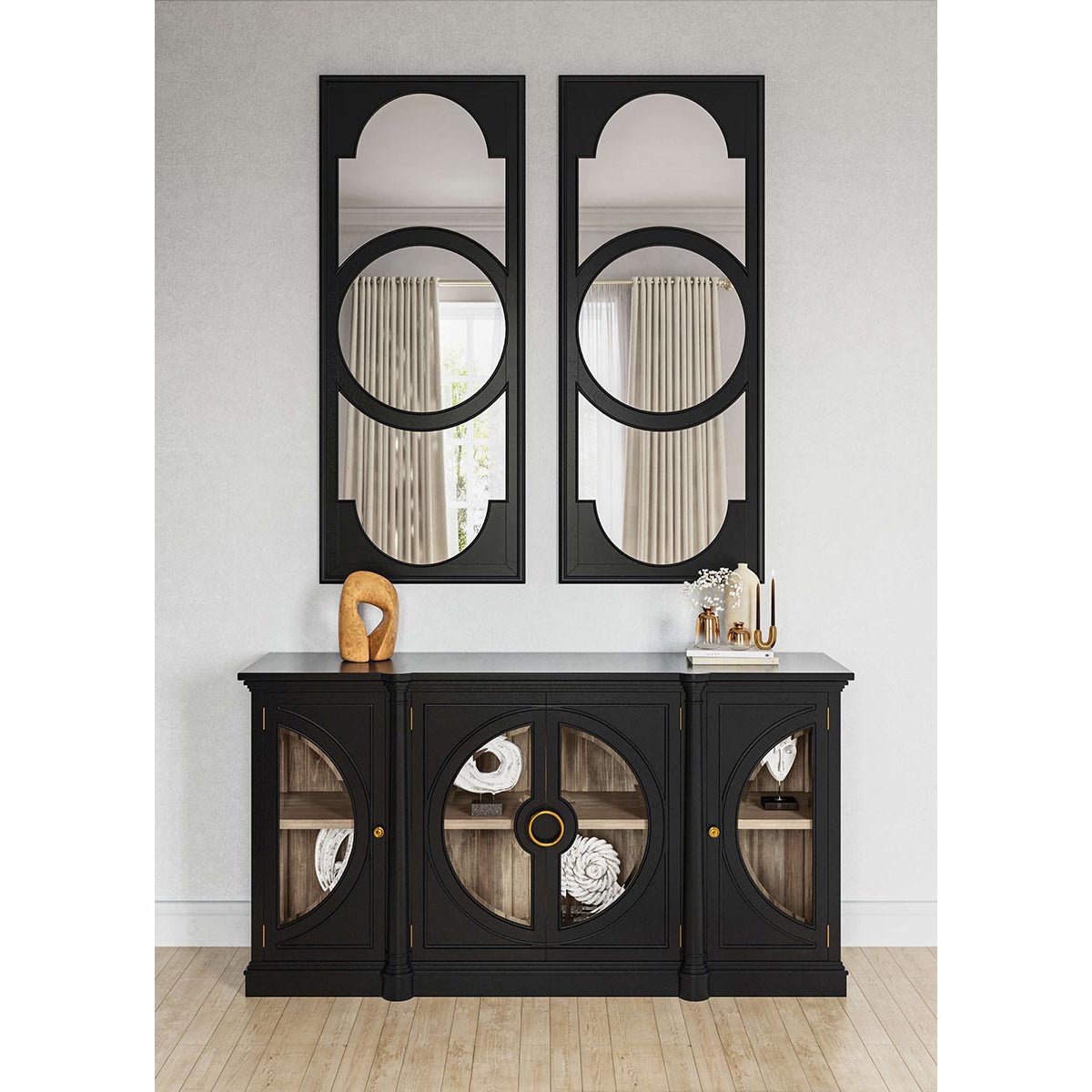 Art Deco mirrors over black console shelf, dining room.