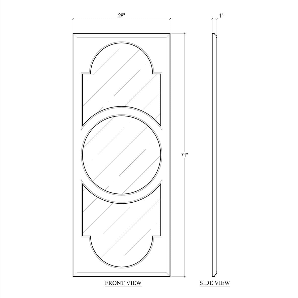 Dimensions of Art Deco mirrors, front and side view diagram.