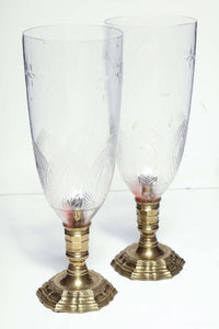 Angled view, French bronze photophores with etched glass.