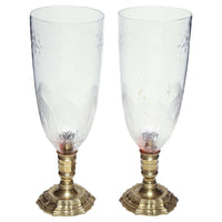 Pair of French bronze photophores, detailed glass design.