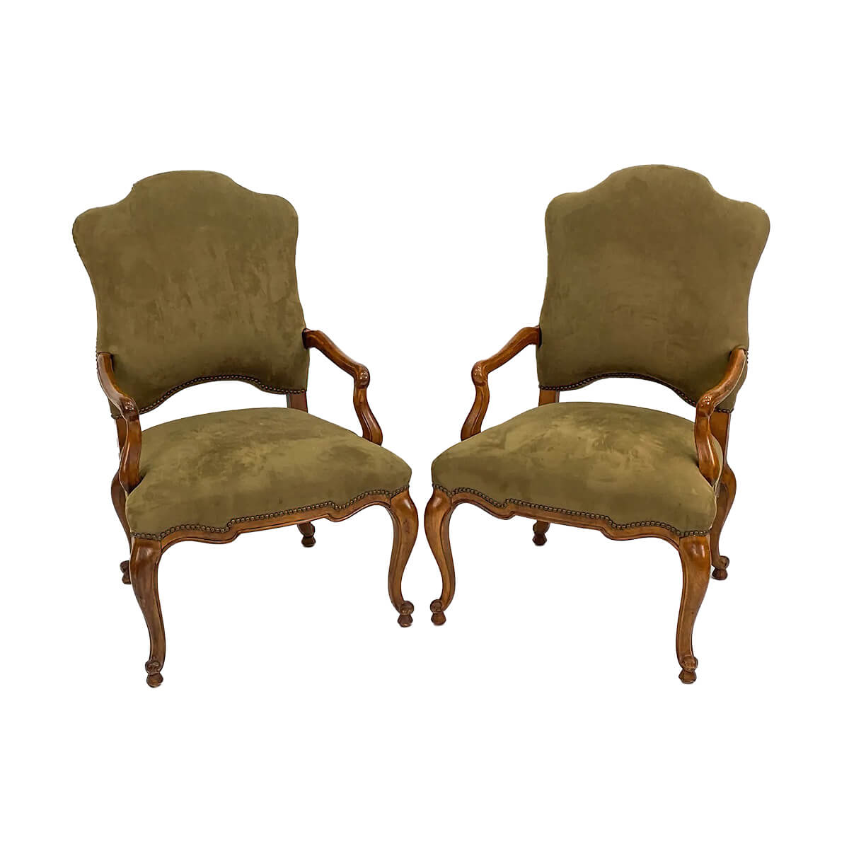 Pair of French provincial armchairs front angle.