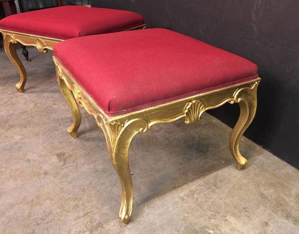 Two George III style stools with red upholstery