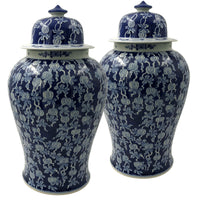 Pair of blue and white ginger jars, full view.