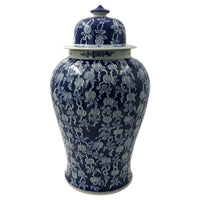 Single blue and white ginger jar, detailed front view.