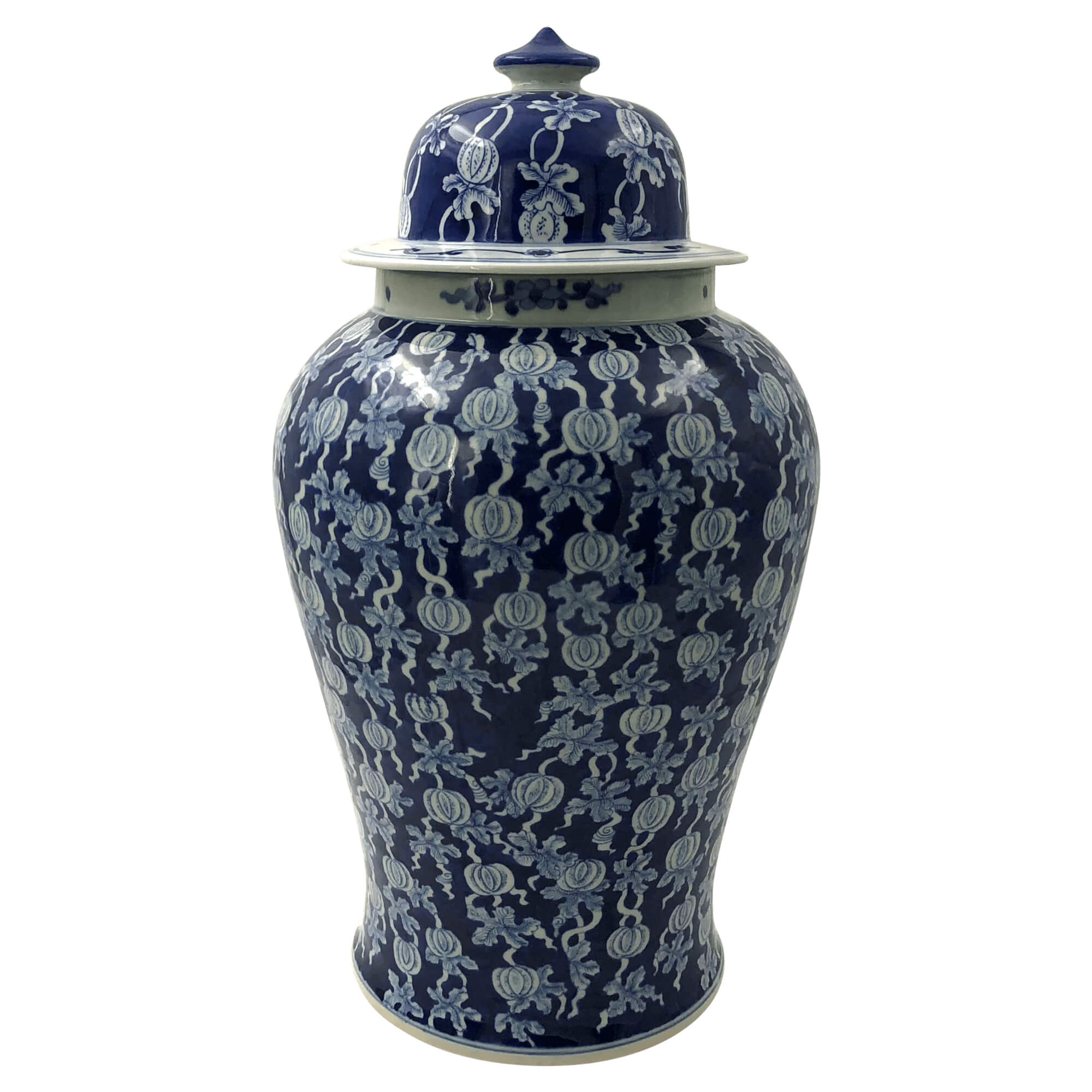Single blue and white ginger jar, detailed front view.