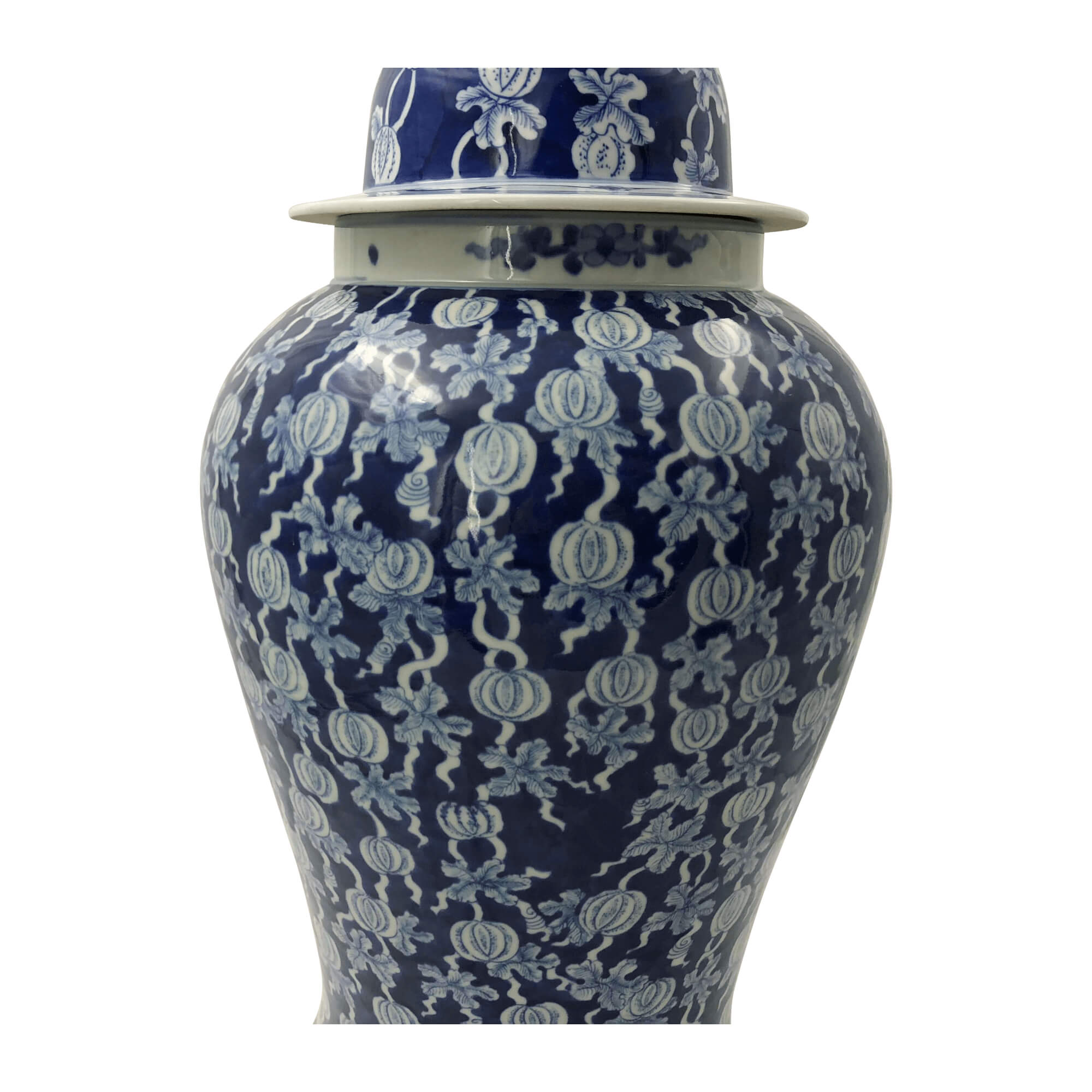 Side view of blue and white ginger jar pattern.