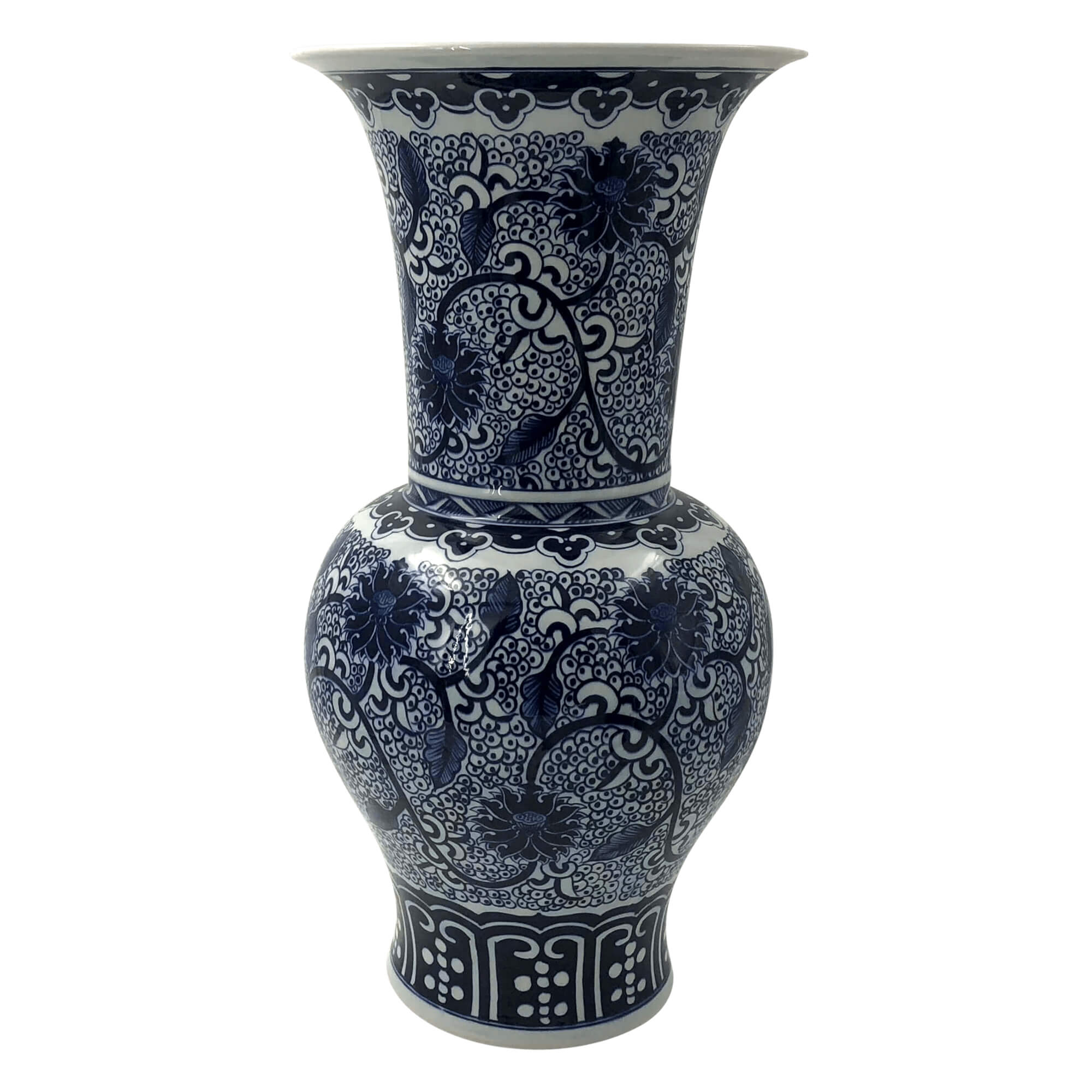 Side view, detailed Chinese porcelain vase, blue flowers.