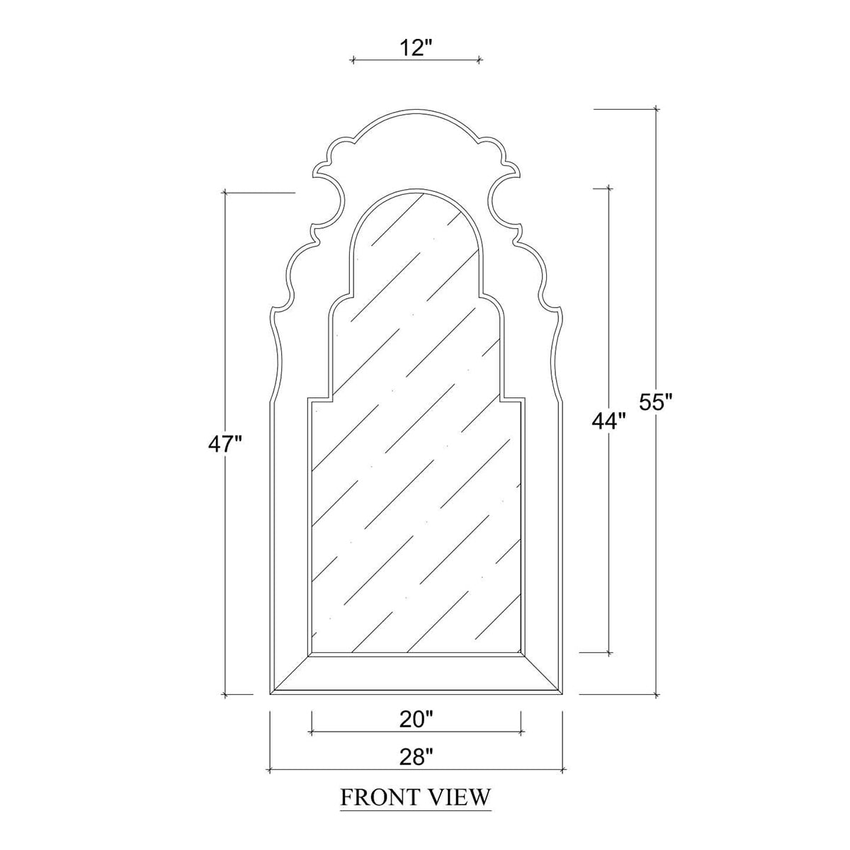 Diagram showing dimensions of ornate wall mirror.