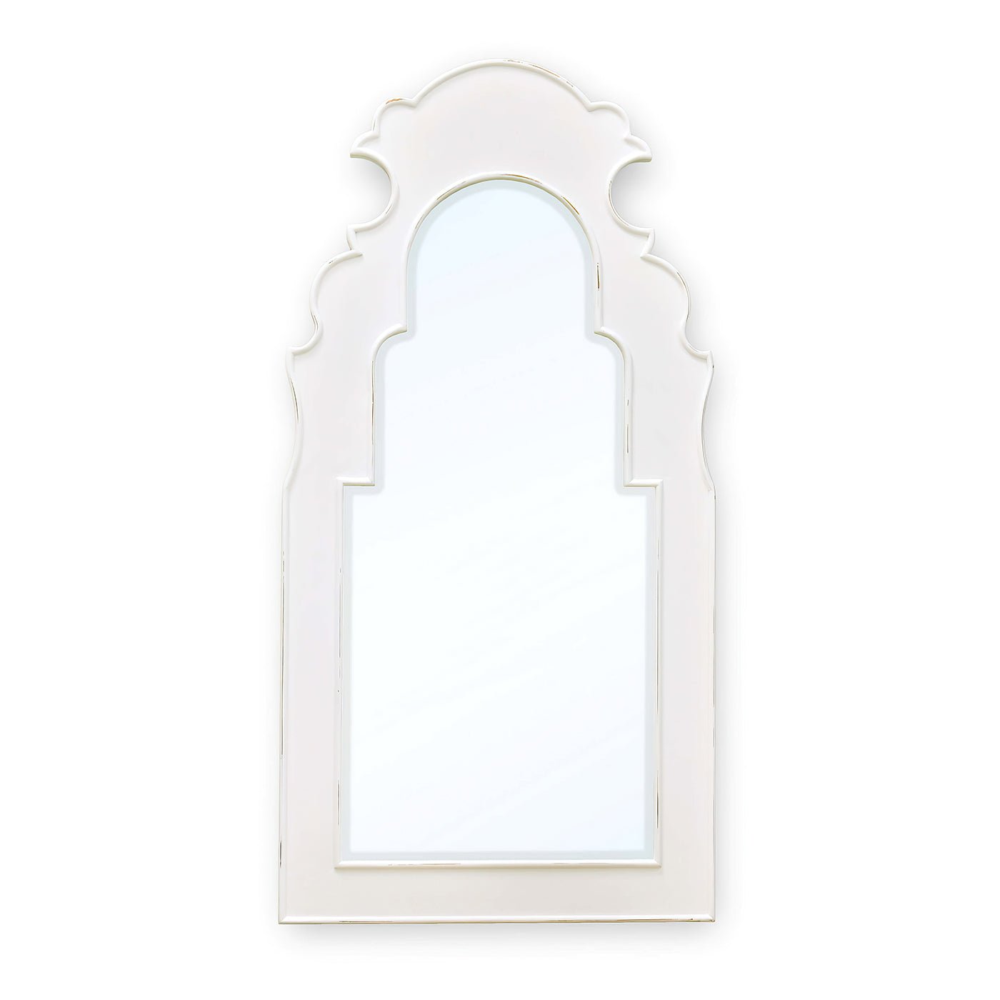 Single white mirror with unique, scalloped edges.