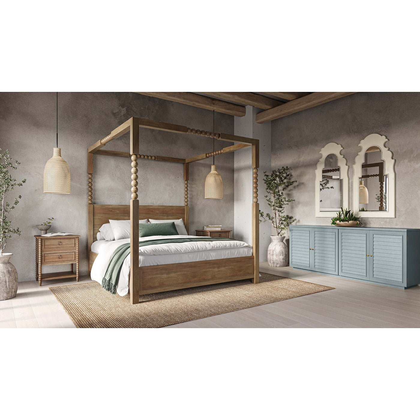 Bedroom with mirrors, wooden bed, cozy atmosphere.