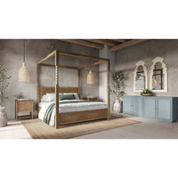 Bedroom with mirrors, wooden bed, cozy atmosphere.