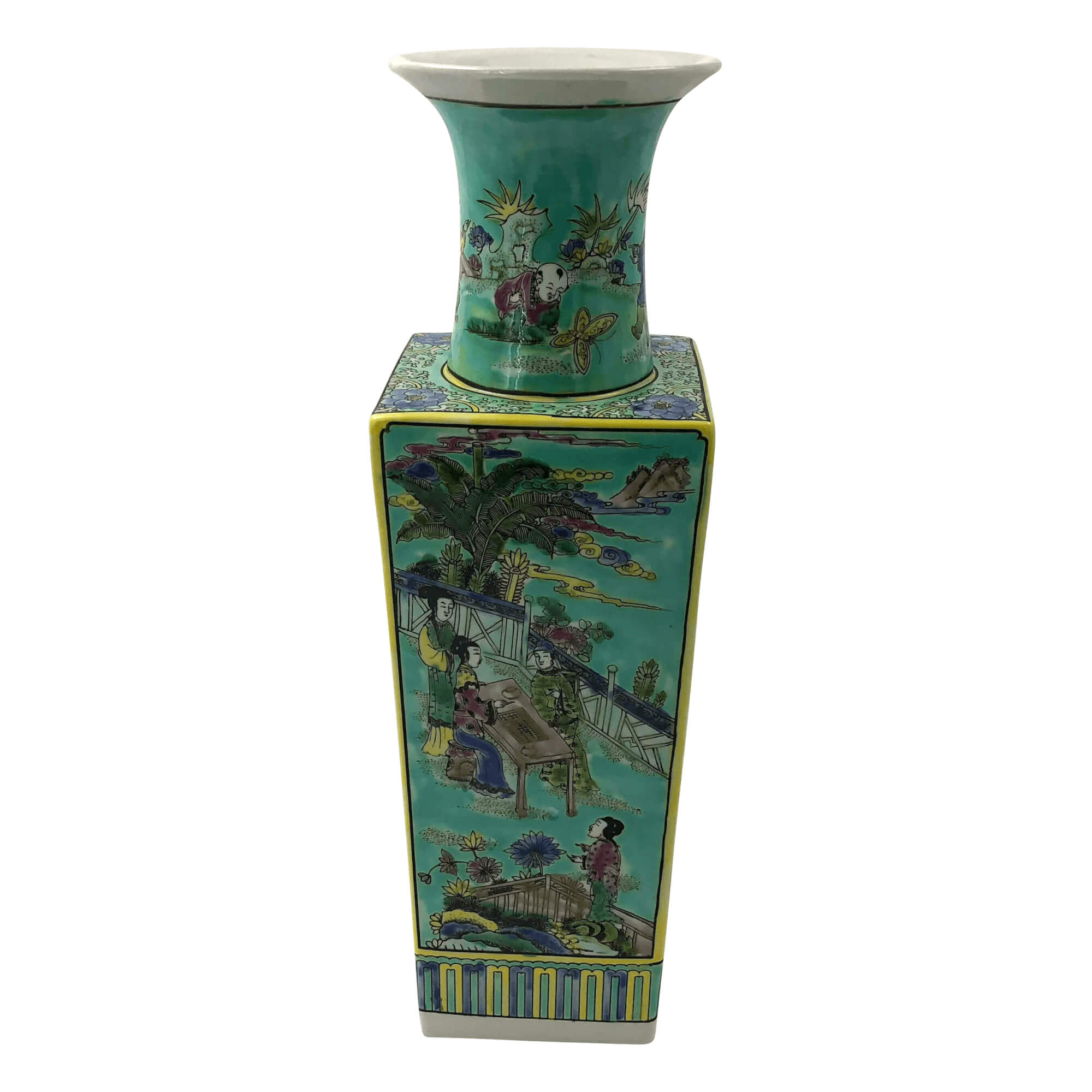 Matching porcelain vase, figures in landscape design, turquoise.