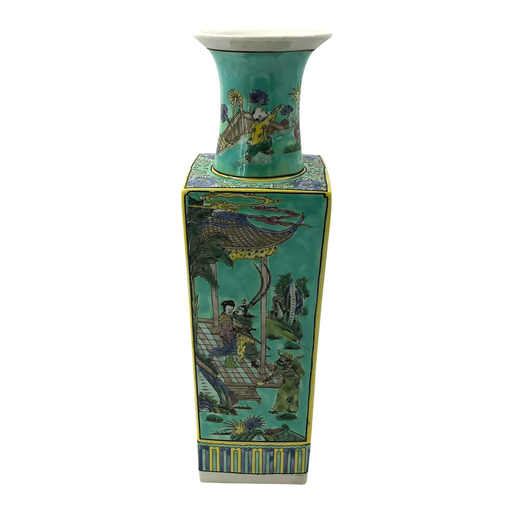 Detailed vase side, vibrant scenes with people and trees.