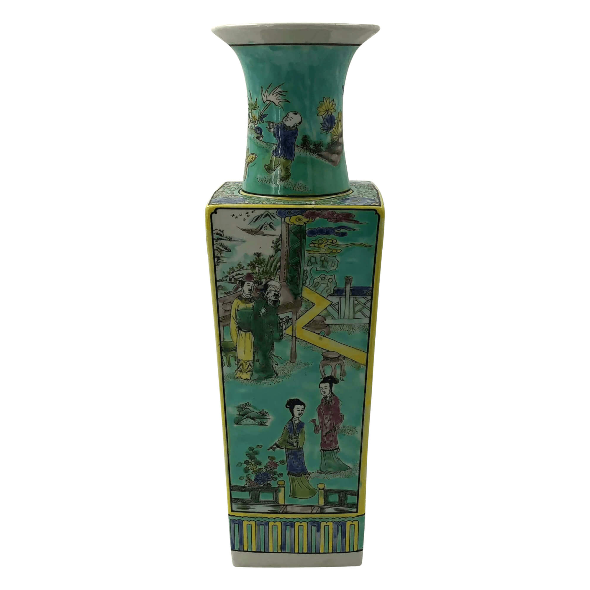 Close-up of vase panel, colorful figures, green background.