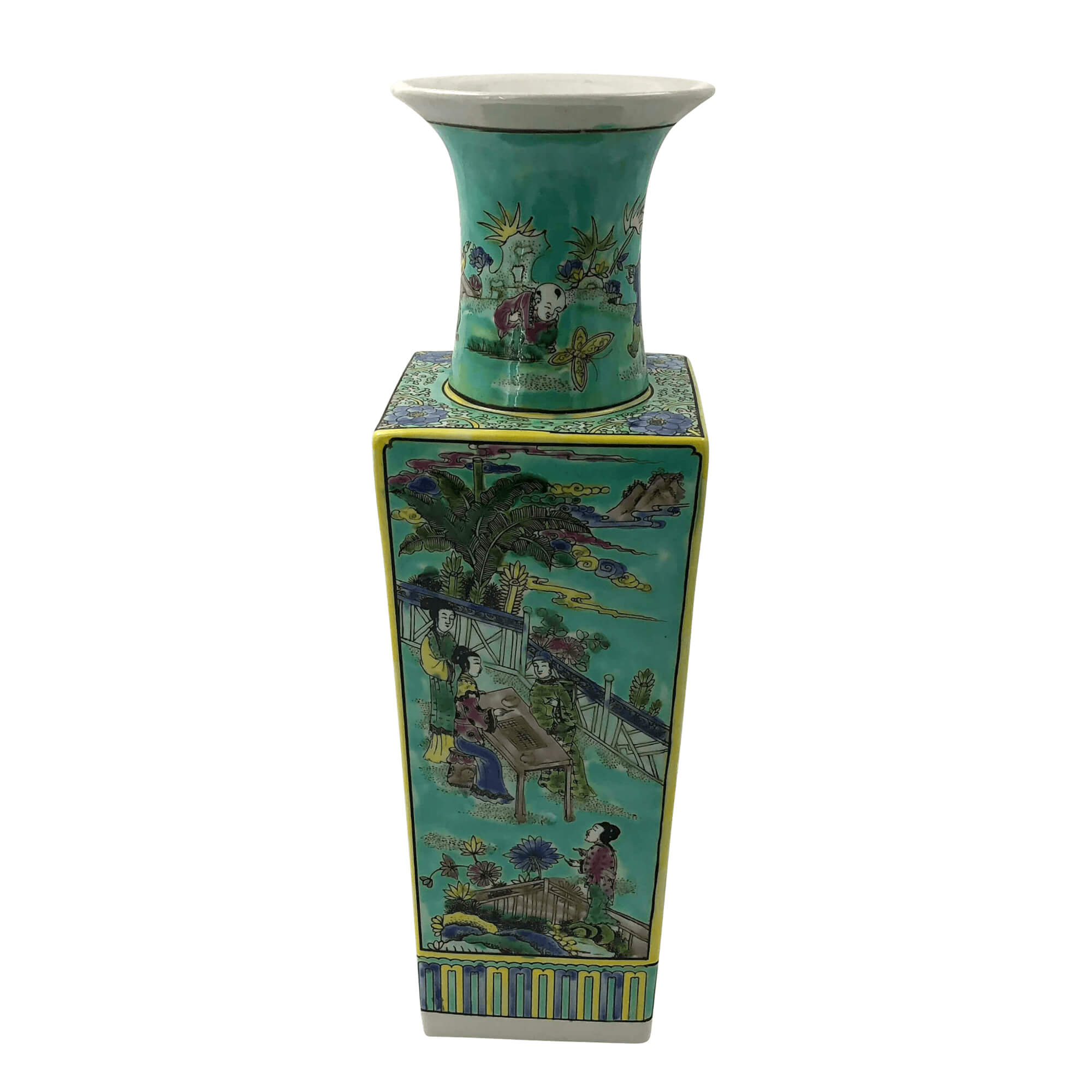 Single porcelain vase, detailed panel with figures and nature.