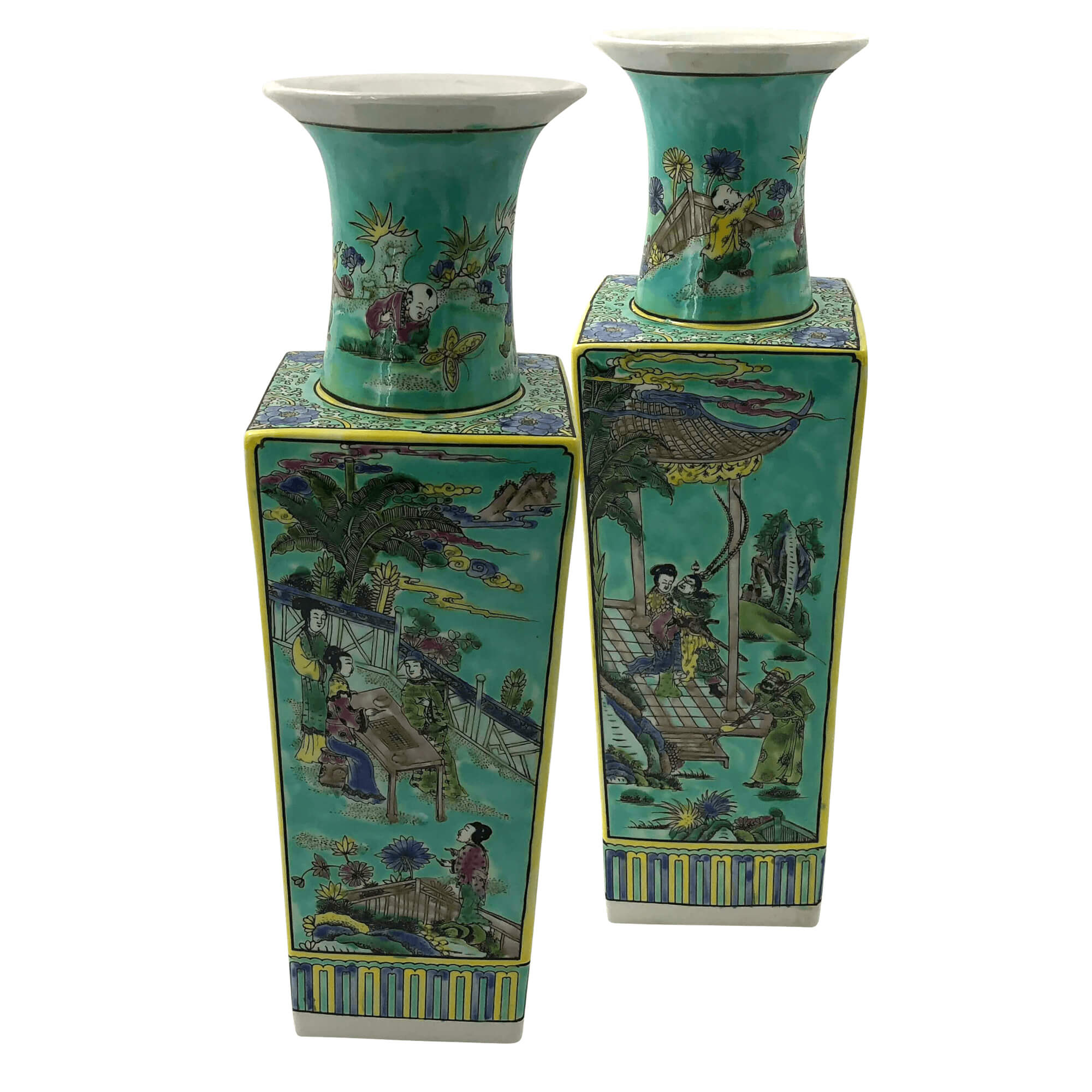 Green Chinese porcelain flower vases, detailed side view.