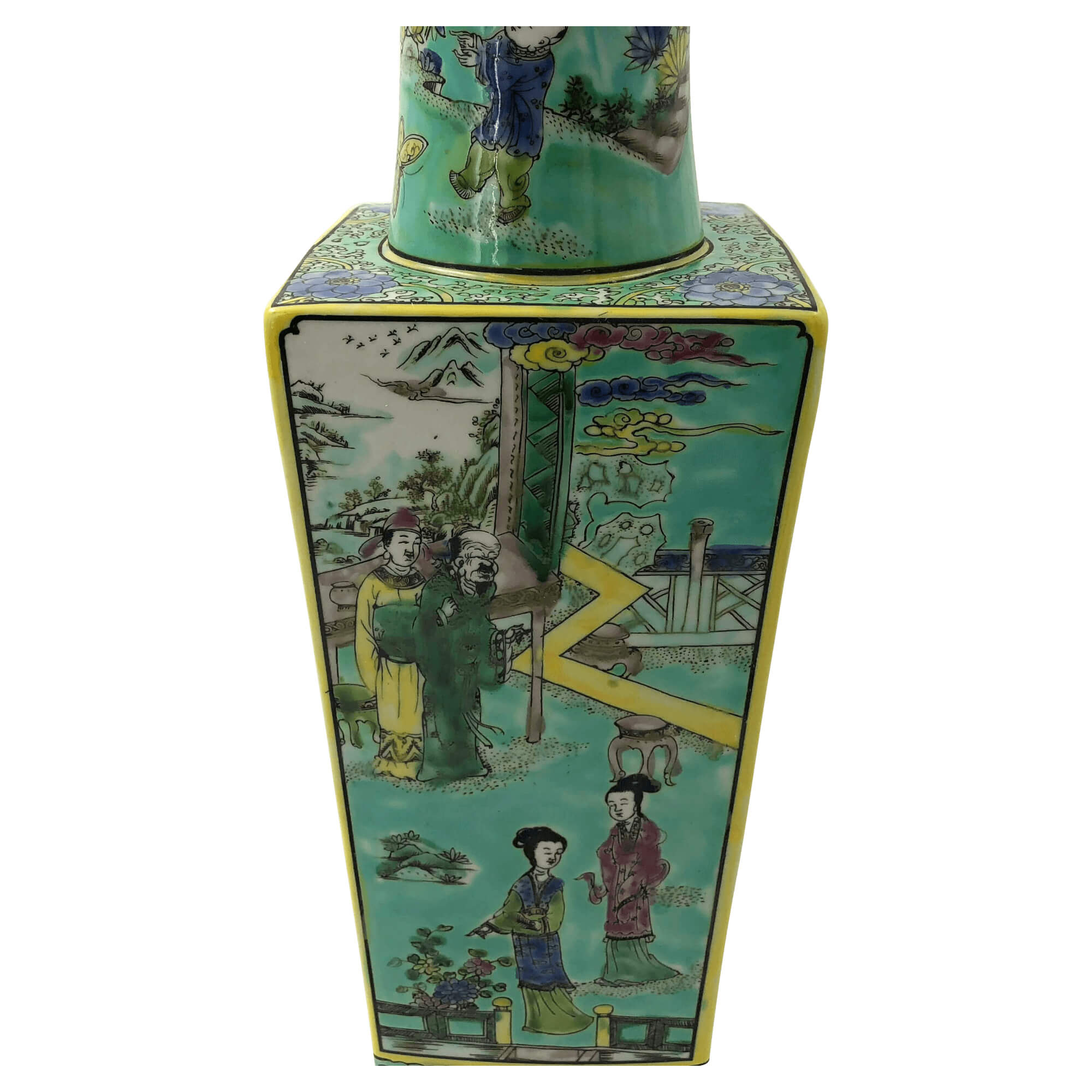 Vase panel close-up, intricate figures and decorative scenery.